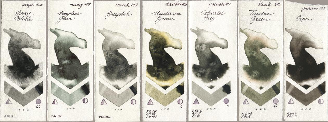 Golden QOR 505 Ivory Black, Roman Szmal Aquarius 409 Perylene Green, Royal Talens Rembrandt Watercolour 840 Graphite, Daniel Smith 109 Undersea Green, Winsor & Newton Professional 428 Ostwald Grey, Shminke Horadam Aquarell 985 Tundra Green, M. Graham & Co. Artists 178 Sep watercolor swatch