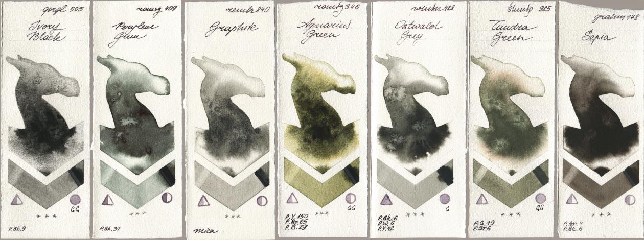 Golden QOR 505 Ivory Black, Roman Szmal Aquarius 409 Perylene Green, Royal Talens Rembrandt Watercolour 840 Graphite, 346 Aquarius Green, Winsor & Newton Professional 428 Ostwald Grey, Shminke Horadam Aquarell 985 Tundra Green, M. Graham & Co. Artists 178 Sep watercolor swatch