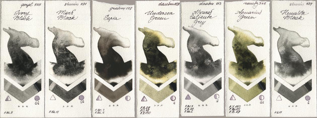 Golden QOR 505 Ivory Black, Shminke Horadam Aquarell 791 Mars Black, M. Graham & Co. Artists 178 Sepia, Daniel Smith 109 Undersea Green, 243 Alvaros Caliente Grey, Roman Szmal Aquarius 346 Aquarius Green, 789 Hematite Bla watercolor swatch