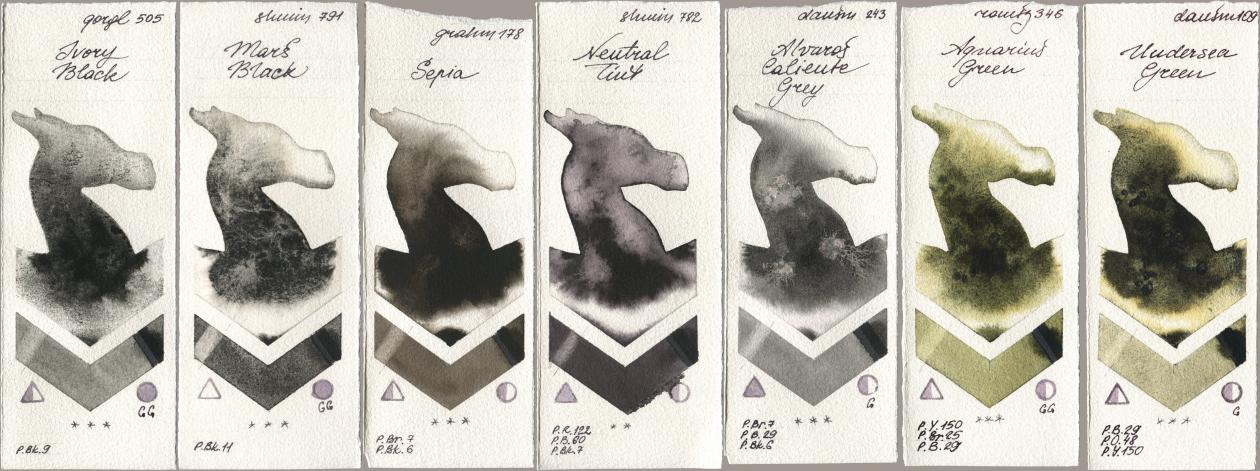 Golden QOR 505 Ivory Black, Shminke Horadam Aquarell 791 Mars Black, M. Graham & Co. Artists 178 Sepia, 782 Neutral Tint, Daniel Smith 243 Alvaros Caliente Grey, Roman Szmal Aquarius 346 Aquarius Green, 109 Undersea Gre watercolor swatch