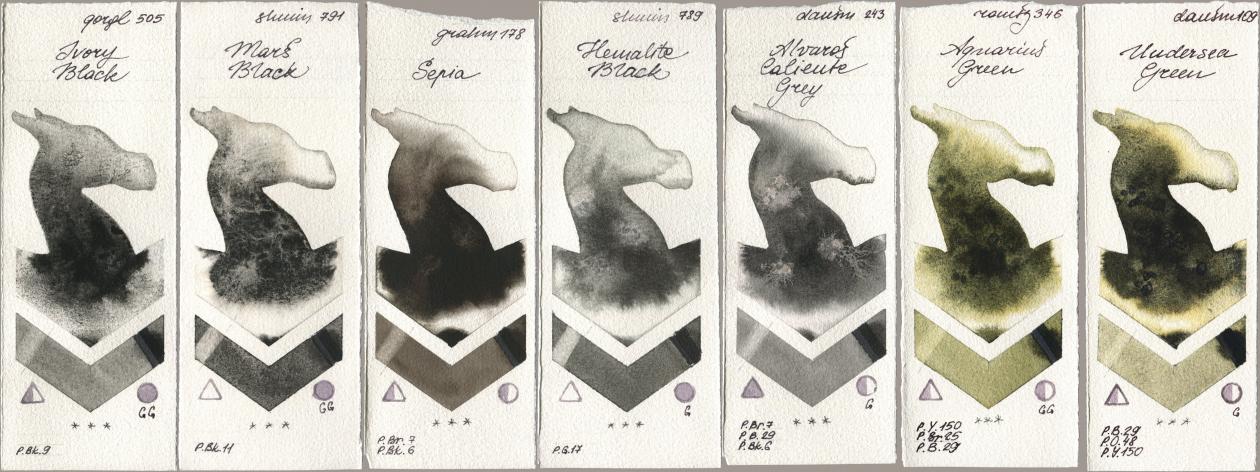 Golden QOR 505 Ivory Black, Shminke Horadam Aquarell 791 Mars Black, M. Graham & Co. Artists 178 Sepia, 789 Hematite Black, Daniel Smith 243 Alvaros Caliente Grey, Roman Szmal Aquarius 346 Aquarius Green, 109 Undersea Gre watercolor swatch