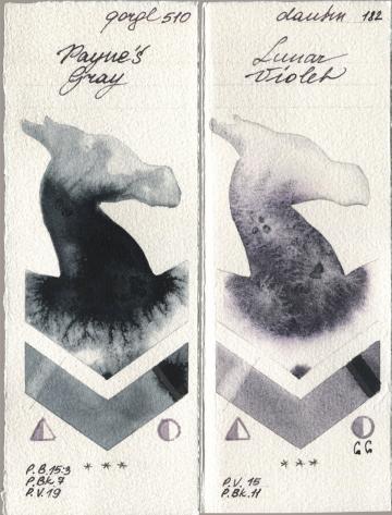 Golden QOR 510 Paynes Gray, Daniel Smith 182 Lunar Viol watercolor swatch