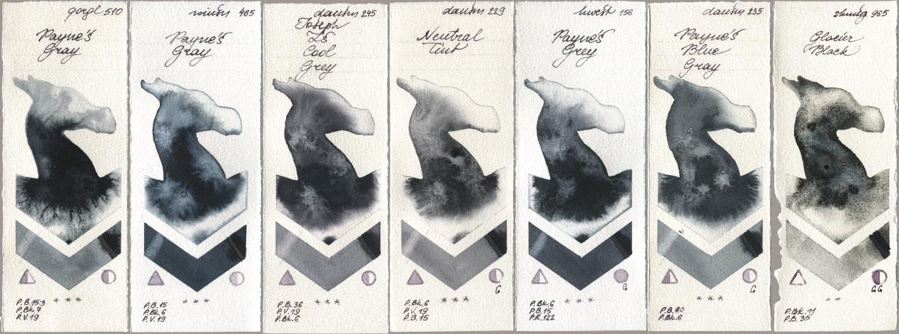 Golden QOR 510 Paynes Gray, Winsor & Newton Professional 465 Paynes Gray, Daniel Smith 245 Joseph Zs Cool Grey, 229 Neutral Tint, Holbein Artists Watercolor 156 Paynes Grey, 235 Paynes Blue Gray, Shminke Horadam Aquarell 965 Glacier Bla watercolor swatch