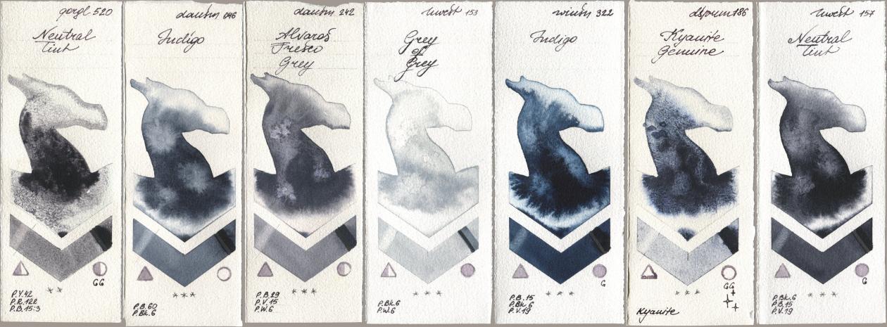 Golden QOR 520 Neutral Tint, Daniel Smith 046 Indigo, 242 Alvaros Fresco Grey, Holbein Artists Watercolor 153 Grey of Grey, Winsor & Newton Professional 322 Indigo, 186 Kyanite Genuine, 157 Neutral Ti watercolor swatch