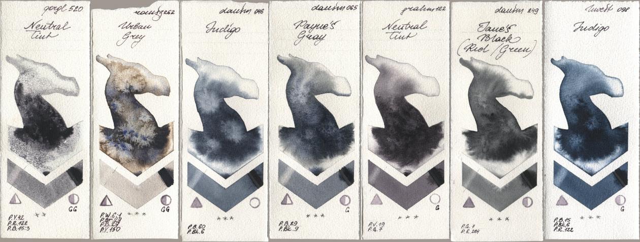 Golden QOR 520 Neutral Tint, Roman Szmal Aquarius 262 Urban Grey, Daniel Smith 046 Indigo, 065 Paynes Gray, M. Graham & Co. Artists 122 Neutral Tint, 249 Janes Black (Red/Green), Holbein Artists Watercolor 098 Indi watercolor swatch