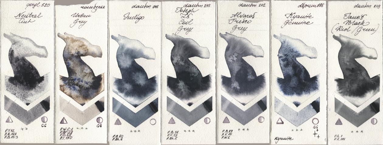 Golden QOR 520 Neutral Tint, Roman Szmal Aquarius 262 Urban Grey, Daniel Smith 046 Indigo, 245 Joseph Zs Cool Grey, 242 Alvaros Fresco Grey, 186 Kyanite Genuine, 249 Janes Black (Red/Gree watercolor swatch