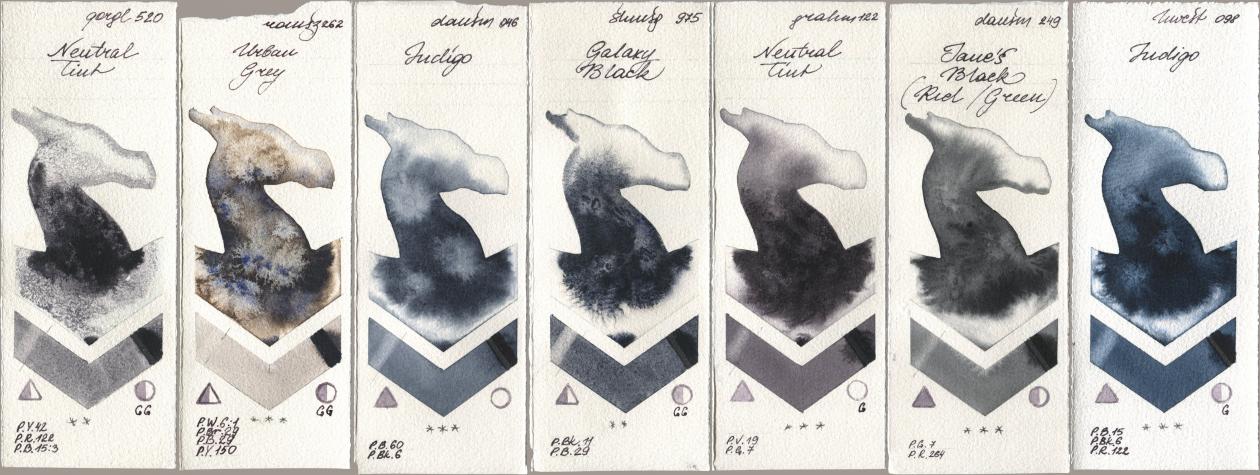 Golden QOR 520 Neutral Tint, Roman Szmal Aquarius 262 Urban Grey, Daniel Smith 046 Indigo, Shminke Horadam Aquarell 975 Galaxy Black, M. Graham & Co. Artists 122 Neutral Tint, 249 Janes Black (Red/Green), Holbein Artists Watercolor 098 Indi watercolor swatch