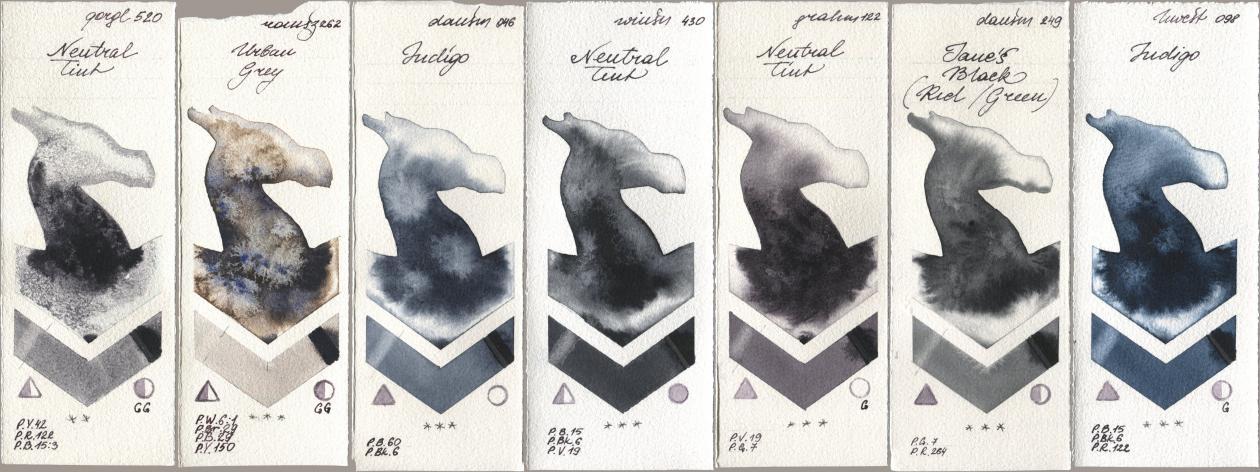 Golden QOR 520 Neutral Tint, Roman Szmal Aquarius 262 Urban Grey, Daniel Smith 046 Indigo, Winsor & Newton Professional 430 Neutral Tint, M. Graham & Co. Artists 122 Neutral Tint, 249 Janes Black (Red/Green), Holbein Artists Watercolor 098 Indi watercolor swatch