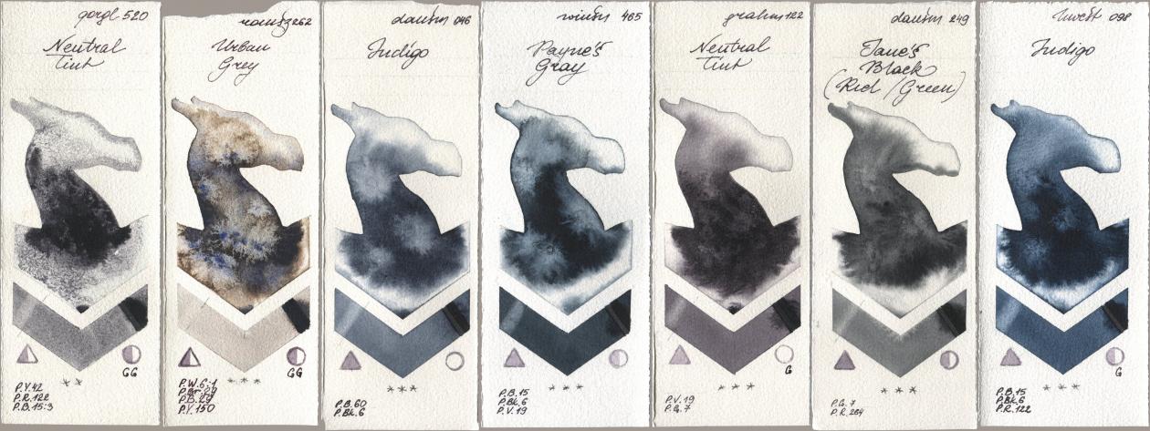 Golden QOR 520 Neutral Tint, Roman Szmal Aquarius 262 Urban Grey, Daniel Smith 046 Indigo, Winsor & Newton Professional 465 Paynes Gray, M. Graham & Co. Artists 122 Neutral Tint, 249 Janes Black (Red/Green), Holbein Artists Watercolor 098 Indi watercolor swatch