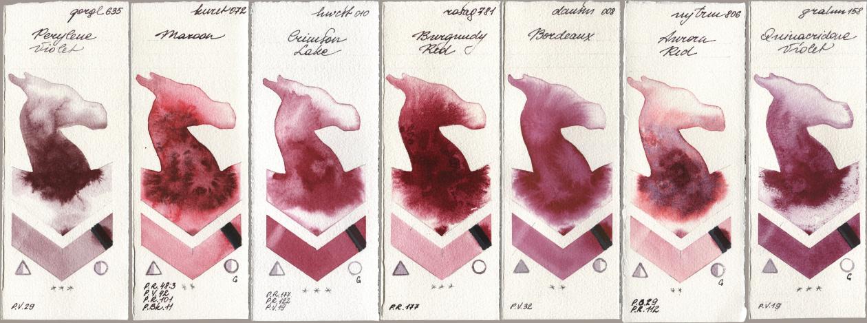 Golden QOR 635 Perylene Violet, Kuretake Gansai Tambi 072 Maroon, Holbein Artists Watercolor 010 Crimson Lake, Rosa Gallery 781 Burgundy Red, Daniel Smith 008 Bordeaux, Mijello Mission Gold 806 Aurora Red, M. Graham & Co. Artists 158 Quinacridone Viol watercolor swatch