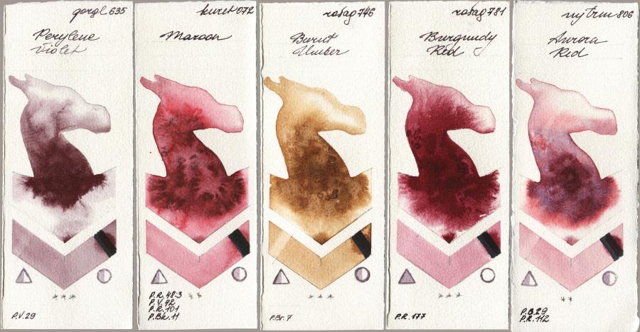 Golden QOR 635 Perylene Violet vs Kuretake Gansai Tambi 072 Maroon vs Rosa Gallery 746 Burnt Umber vs 781 Burgundy Red vs Mijello Mission Gold 806 Aurora Red watercolor swatch