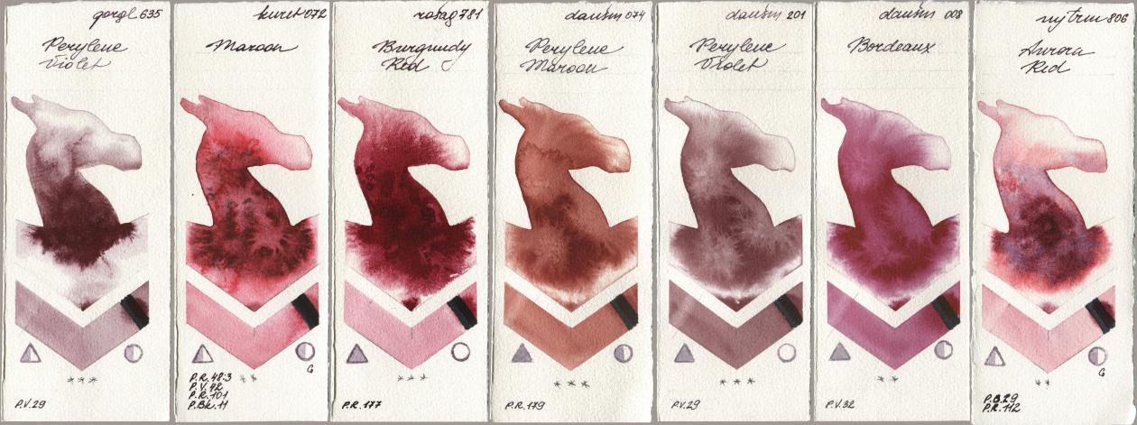 Golden QOR 635 Perylene Violet, Kuretake Gansai Tambi 072 Maroon, Rosa Gallery 781 Burgundy Red, Daniel Smith 074 Perylene Maroon, 201 Perylene Violet, 008 Bordeaux, Mijello Mission Gold 806 Aurora R watercolor swatch