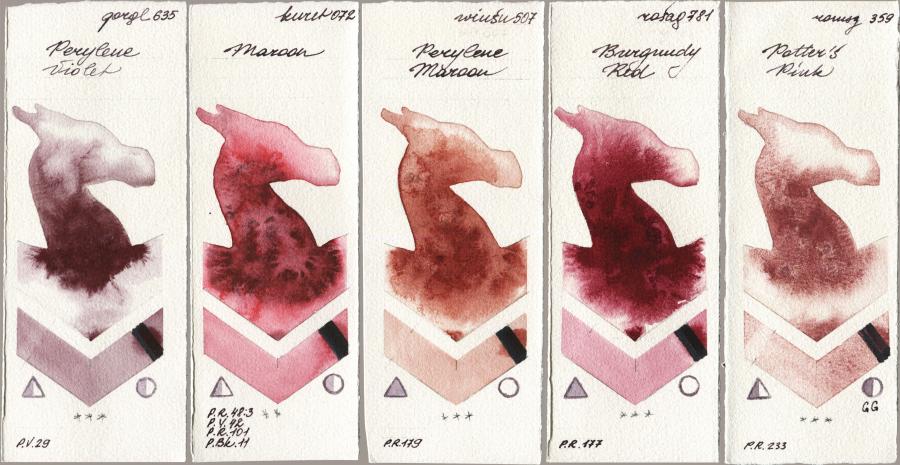 Golden QOR 635 Perylene Violet vs Kuretake Gansai Tambi 072 Maroon vs Winsor & Newton Professional 507 Perylene Maroon vs Rosa Gallery 781 Burgundy Red vs Roman Szmal Aquarius 359 Potters Pink watercolor swatch