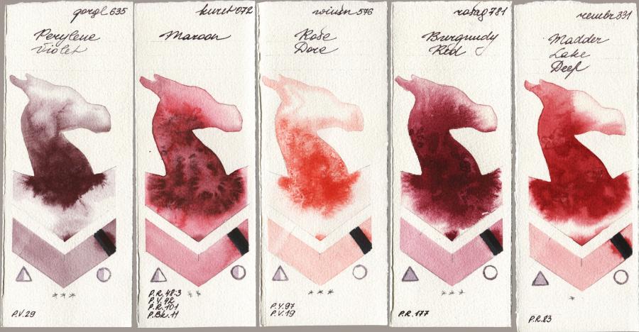 Golden QOR 635 Perylene Violet vs Kuretake Gansai Tambi 072 Maroon vs Winsor & Newton Professional 576 Rose Dore vs Rosa Gallery 781 Burgundy Red vs Royal Talens Rembrandt Watercolour 331 Madder Lake Deep watercolor swatch