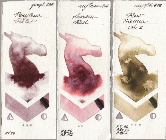 Golden QOR 635 Perylene Violet vs Mijello Mission Gold 806 Aurora Red vs 606 Raw Sienna No 2 watercolor swatch
