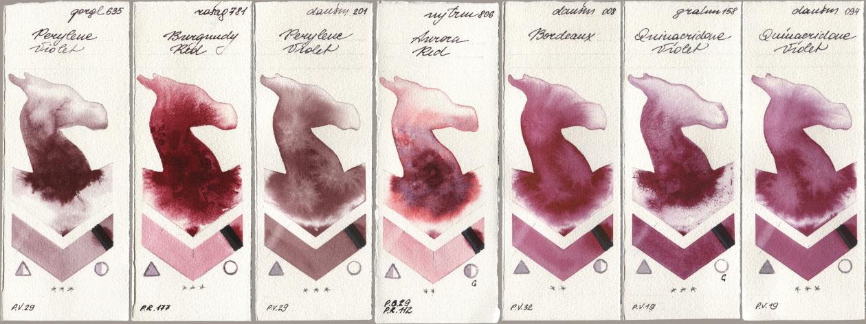 Golden QOR 635 Perylene Violet, Rosa Gallery 781 Burgundy Red, Daniel Smith 201 Perylene Violet, Mijello Mission Gold 806 Aurora Red, 008 Bordeaux, M. Graham & Co. Artists 158 Quinacridone Violet, 094 Quinacridone Viol watercolor swatch