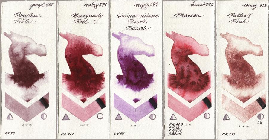 Golden QOR 635 Perylene Violet vs Rosa Gallery 781 Burgundy Red vs Royal Talens Van Gogh Watercolour 593 Quinacridone Purple Bluish vs Kuretake Gansai Tambi 072 Maroon vs Roman Szmal Aquarius 359 Potters Pink watercolor swatch
