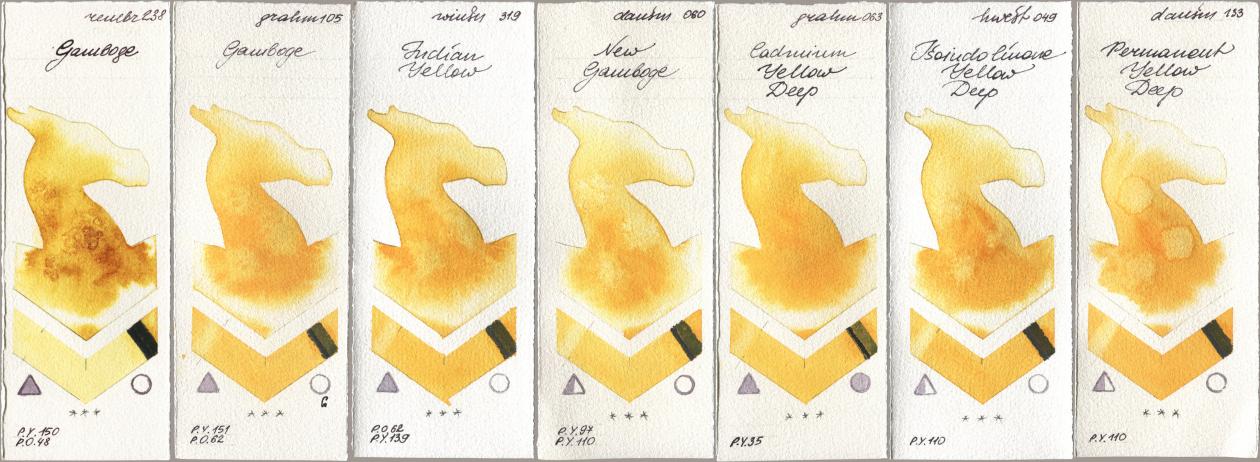 Royal Talens Rembrandt Watercolour 238 Gamboge, M. Graham & Co. Artists 105 Gamboge, Winsor & Newton Professional 319 Indian Yellow, Daniel Smith 060 New Gamboge, 063 Cadmium Yellow Deep, Holbein Artists Watercolor 049 Isoindolinone Yellow Deep, 133 Permanent Yellow De watercolor swatch