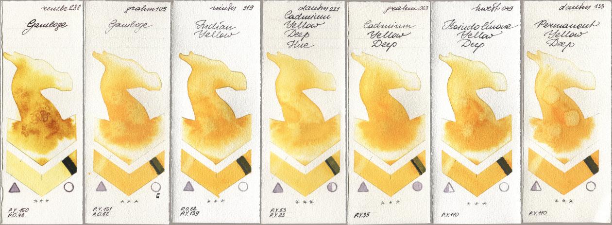 Royal Talens Rembrandt Watercolour 238 Gamboge, M. Graham & Co. Artists 105 Gamboge, Winsor & Newton Professional 319 Indian Yellow, Daniel Smith 221 Cadmium Yellow Deep Hue, 063 Cadmium Yellow Deep, Holbein Artists Watercolor 049 Isoindolinone Yellow Deep, 133 Permanent Yellow De watercolor swatch
