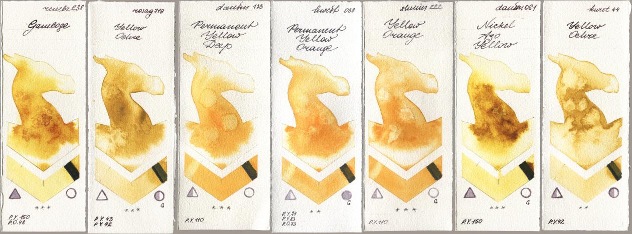 Royal Talens Rembrandt Watercolour 238 Gamboge, Rosa Gallery 719 Yellow Ochre, Daniel Smith 133 Permanent Yellow Deep, Holbein Artists Watercolor 038 Permanent Yellow Orange, Shminke Horadam Aquarell 222 Yellow Orange, 061 Nickel Azo Yellow, Kuretake Gansai Tambi 044 Yellow Och watercolor swatch