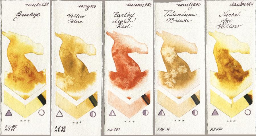 Royal Talens Rembrandt Watercolour 238 Gamboge vs Rosa Gallery 719 Yellow Ochre vs Daniel Smith 254 Earthy Light Red vs Roman Szmal Aquarius 265 Titanium Brown vs 061 Nickel Azo Yellow watercolor swatch