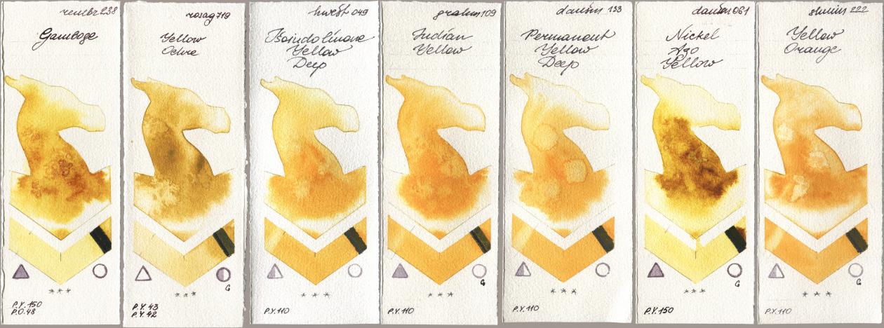 Royal Talens Rembrandt Watercolour 238 Gamboge, Rosa Gallery 719 Yellow Ochre, Holbein Artists Watercolor 049 Isoindolinone Yellow Deep, M. Graham & Co. Artists 109 Indian Yellow, Daniel Smith 133 Permanent Yellow Deep, 061 Nickel Azo Yellow, Shminke Horadam Aquarell 222 Yellow Oran watercolor swatch