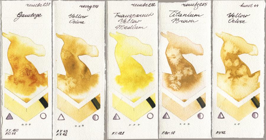 Royal Talens Rembrandt Watercolour 238 Gamboge vs Rosa Gallery 719 Yellow Ochre vs 272 Transparent Yellow Medium vs Roman Szmal Aquarius 265 Titanium Brown vs Kuretake Gansai Tambi 044 Yellow Ochre watercolor swatch