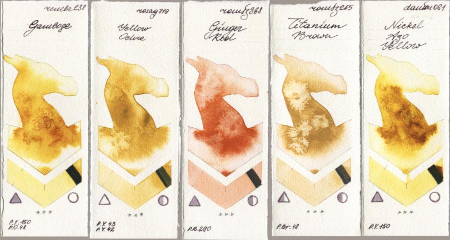 Royal Talens Rembrandt Watercolour 238 Gamboge vs Rosa Gallery 719 Yellow Ochre vs Roman Szmal Aquarius 368 Genger Red vs 265 Titanium Brown vs Daniel Smith 061 Nickel Azo Yellow watercolor swatch