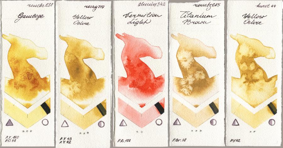 Royal Talens Rembrandt Watercolour 238 Gamboge vs Rosa Gallery 719 Yellow Ochre vs Shminke Horadam Aquarell 342 Vermilion Light vs Roman Szmal Aquarius 265 Titanium Brown vs Kuretake Gansai Tambi 044 Yellow Ochre watercolor swatch