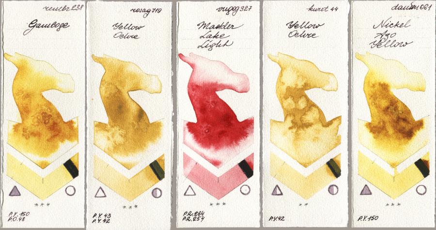 Royal Talens Rembrandt Watercolour 238 Gamboge vs Rosa Gallery 719 Yellow Ochre vs Royal Talens Van Gogh Watercolour 327 Madder Lake Light vs Kuretake Gansai Tambi 044 Yellow Ochre vs Daniel Smith 061 Nickel Azo Yellow watercolor swatch