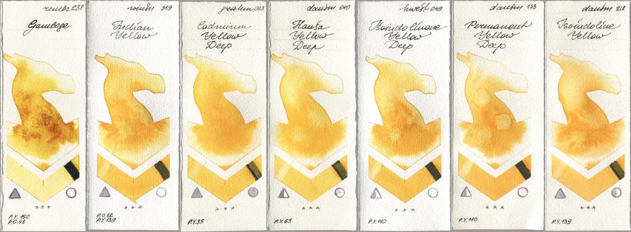 Royal Talens Rembrandt Watercolour 238 Gamboge, Winsor & Newton Professional 319 Indian Yellow, M. Graham & Co. Artists 063 Cadmium Yellow Deep, Daniel Smith 040 Hansa Yellow Deep, Holbein Artists Watercolor 049 Isoindolinone Yellow Deep, 133 Permanent Yellow Deep, 218 Isoindoline Yell watercolor swatch