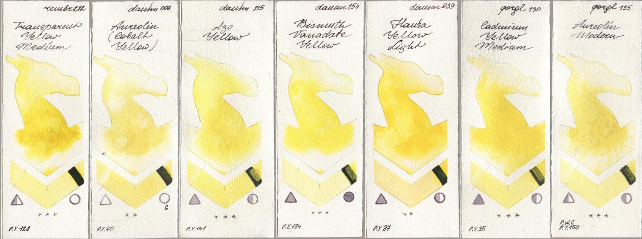 Royal Talens Rembrandt Watercolour 272 Transparent Yellow Medium, Daniel Smith 006 Aureolin (Cobalt Yellow), 215 Azo Yellow, 154 Bismuth Vanadate Yellow, 039 Hansa Yellow Light, Golden QOR 130 Cadmium Yellow Medium, 135 Aureolin Mode watercolor swatch