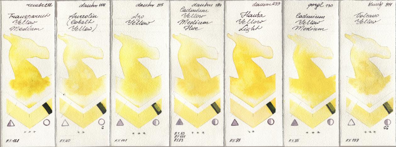 Royal Talens Rembrandt Watercolour 272 Transparent Yellow Medium, Daniel Smith 006 Aureolin (Cobalt Yellow), 215 Azo Yellow, 184 Cadmium Yellow Medium Hue, 039 Hansa Yellow Light, Golden QOR 130 Cadmium Yellow Medium, Shminke Horadam Aquarell 911 Volcano Yell watercolor swatch