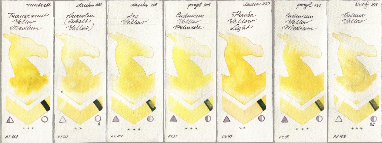 Royal Talens Rembrandt Watercolour 272 Transparent Yellow Medium, Daniel Smith 006 Aureolin (Cobalt Yellow), 215 Azo Yellow, Golden QOR 105 Cadmium Yellow Primrose, 039 Hansa Yellow Light, 130 Cadmium Yellow Medium, Shminke Horadam Aquarell 911 Volcano Yell watercolor swatch