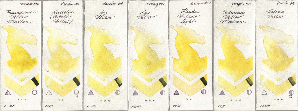 Royal Talens Rembrandt Watercolour 272 Transparent Yellow Medium, Daniel Smith 006 Aureolin (Cobalt Yellow), 215 Azo Yellow, Rosa Gallery 771 Azo Yellow, 039 Hansa Yellow Light, Golden QOR 130 Cadmium Yellow Medium, Shminke Horadam Aquarell 911 Volcano Yell watercolor swatch