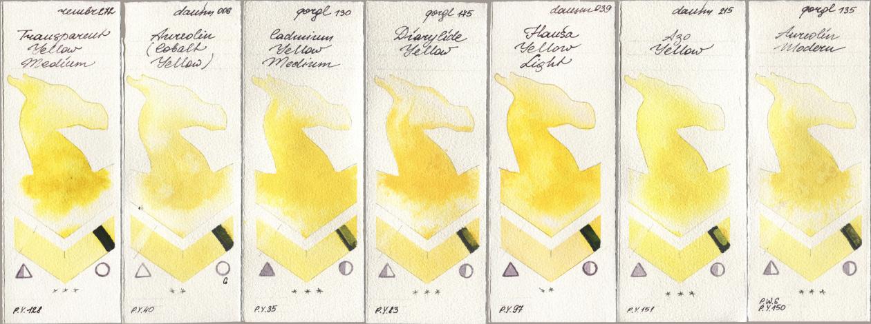 Royal Talens Rembrandt Watercolour 272 Transparent Yellow Medium, Daniel Smith 006 Aureolin (Cobalt Yellow), Golden QOR 130 Cadmium Yellow Medium, 175 Diarylide Yellow, 039 Hansa Yellow Light, 215 Azo Yellow, 135 Aureolin Mode watercolor swatch