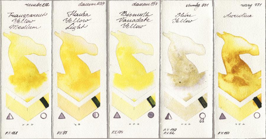Royal Talens Rembrandt Watercolour 272 Transparent Yellow Medium vs Daniel Smith 039 Hansa Yellow Light vs 154 Bismuth Vanadate Yellow vs Shminke Horadam Aquarell 931 Shire Yellow vs Rosa Gallery 751 Aureoline watercolor swatch