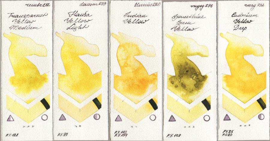 Royal Talens Rembrandt Watercolour 272 Transparent Yellow Medium vs Daniel Smith 039 Hansa Yellow Light vs Shminke Horadam Aquarell 220 Indian Yellow vs Royal Talens Van Gogh Watercolour 296 Azomethine Green Yellow vs Rosa Gallery 732 Cadmium Yellow Deep watercolor swatch