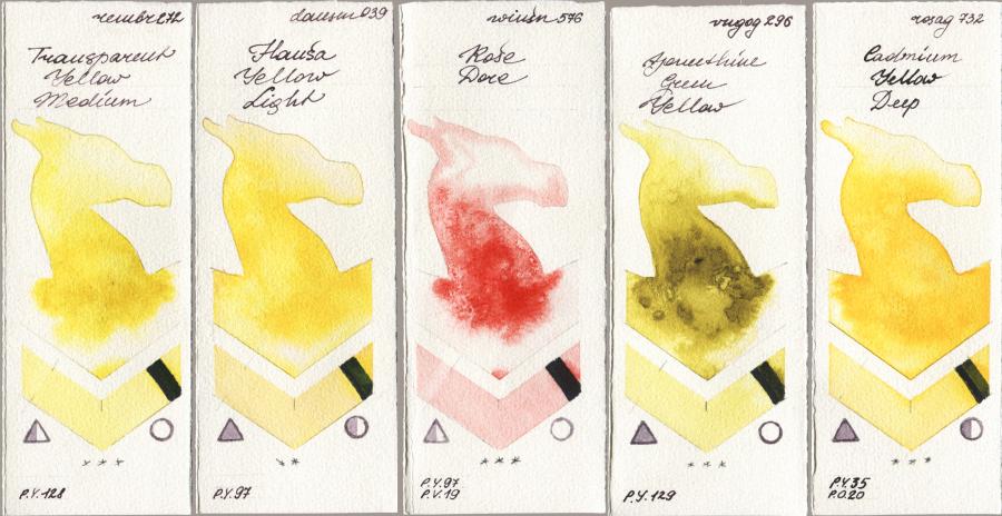 Royal Talens Rembrandt Watercolour 272 Transparent Yellow Medium vs Daniel Smith 039 Hansa Yellow Light vs Winsor & Newton Professional 576 Rose Dore vs Royal Talens Van Gogh Watercolour 296 Azomethine Green Yellow vs Rosa Gallery 732 Cadmium Yellow Deep watercolor swatch