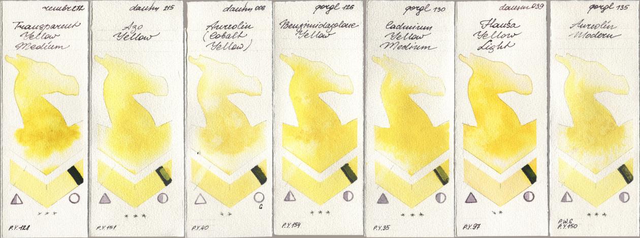 Royal Talens Rembrandt Watercolour 272 Transparent Yellow Medium, Daniel Smith 215 Azo Yellow, 006 Aureolin (Cobalt Yellow), Golden QOR 126 Benzimidazolone Yellow, 130 Cadmium Yellow Medium, 039 Hansa Yellow Light, 135 Aureolin Mode watercolor swatch
