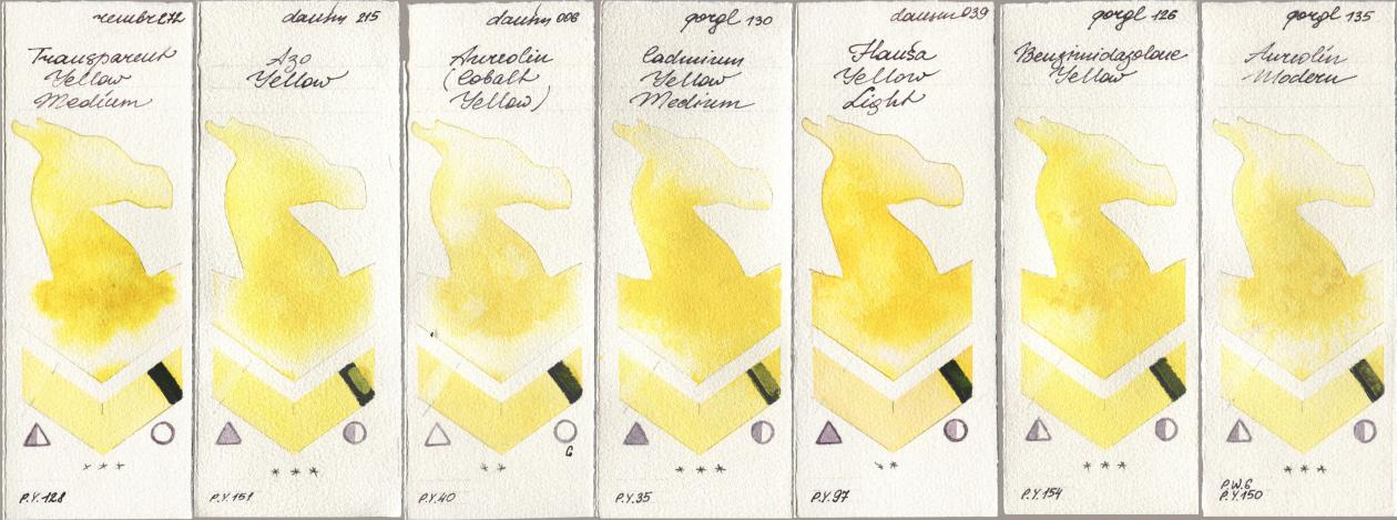 Royal Talens Rembrandt Watercolour 272 Transparent Yellow Medium, Daniel Smith 215 Azo Yellow, 006 Aureolin (Cobalt Yellow), Golden QOR 130 Cadmium Yellow Medium, 039 Hansa Yellow Light, 126 Benzimidazolone Yellow, 135 Aureolin Mode watercolor swatch