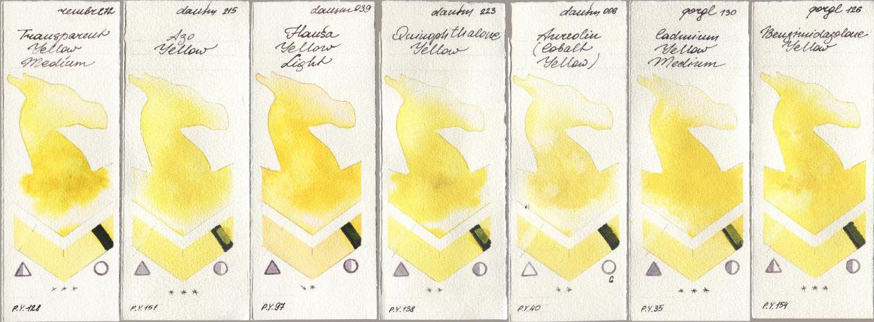 Royal Talens Rembrandt Watercolour 272 Transparent Yellow Medium, Daniel Smith 215 Azo Yellow, 039 Hansa Yellow Light, 223 Quinophthalone Yellow, 006 Aureolin (Cobalt Yellow), Golden QOR 130 Cadmium Yellow Medium, 126 Benzimidazolone Yell watercolor swatch