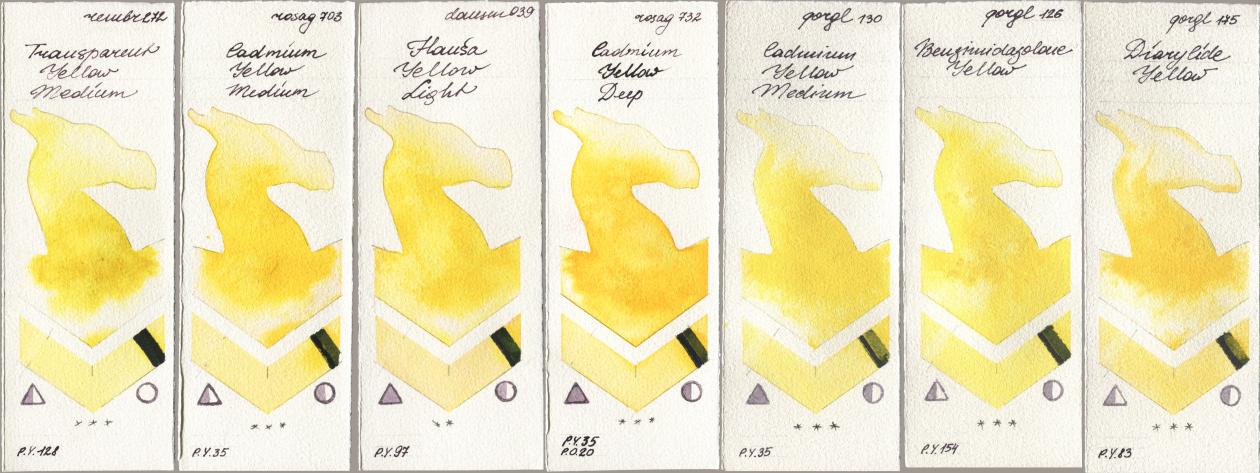 Royal Talens Rembrandt Watercolour 272 Transparent Yellow Medium, Rosa Gallery 703 Cadmium Yellow Medium, Daniel Smith 039 Hansa Yellow Light, 732 Cadmium Yellow Deep, Golden QOR 130 Cadmium Yellow Medium, 126 Benzimidazolone Yellow, 175 Diarylide Yell watercolor swatch