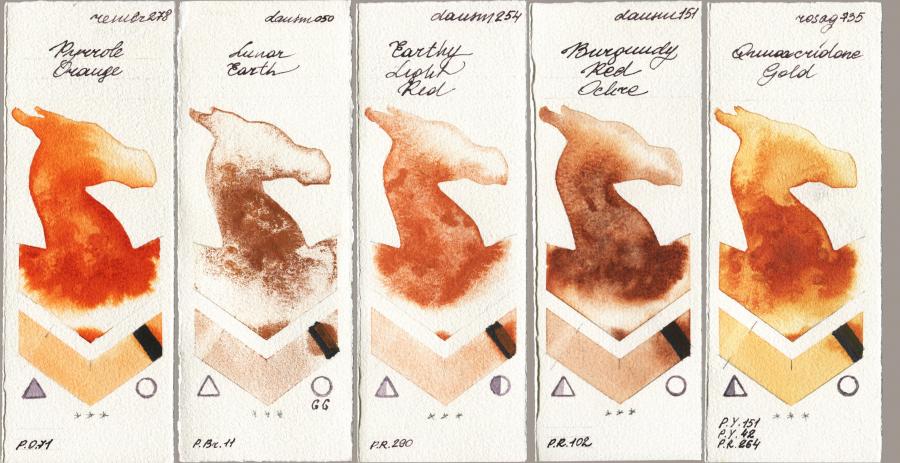 Royal Talens Rembrandt Watercolour 278 Pyrrole Orange vs Daniel Smith 050 Lunar Earth vs 254 Earthy Light Red vs 151 Burgundy Red Ochre vs Rosa Gallery 735 Quinacridone Gold watercolor swatch