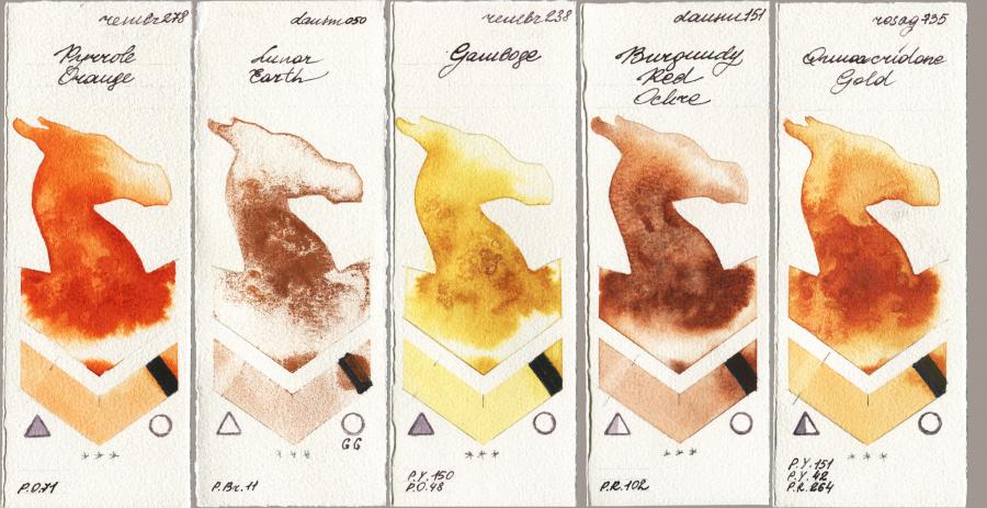 Royal Talens Rembrandt Watercolour 278 Pyrrole Orange vs Daniel Smith 050 Lunar Earth vs 238 Gamboge vs 151 Burgundy Red Ochre vs Rosa Gallery 735 Quinacridone Gold watercolor swatch