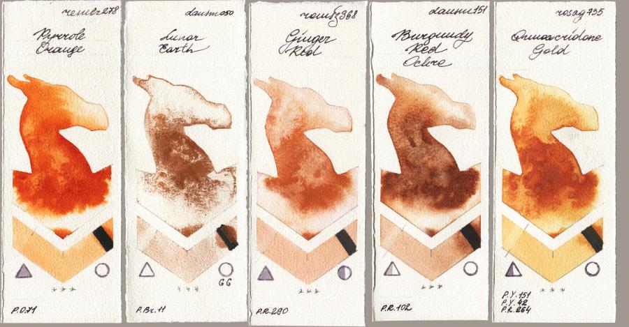 Royal Talens Rembrandt Watercolour 278 Pyrrole Orange vs Daniel Smith 050 Lunar Earth vs Roman Szmal Aquarius 368 Genger Red vs 151 Burgundy Red Ochre vs Rosa Gallery 735 Quinacridone Gold watercolor swatch