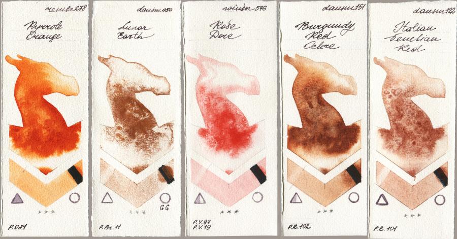 Royal Talens Rembrandt Watercolour 278 Pyrrole Orange vs Daniel Smith 050 Lunar Earth vs Winsor & Newton Professional 576 Rose Dore vs 151 Burgundy Red Ochre vs 122 Italian Venetian Red watercolor swatch