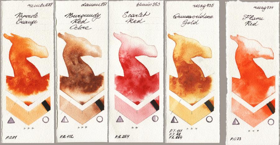 Royal Talens Rembrandt Watercolour 278 Pyrrole Orange vs Daniel Smith 151 Burgundy Red Ochre vs Shminke Horadam Aquarell 363 Scarlet Red vs Rosa Gallery 735 Quinacridone Gold vs 734 Flame Red watercolor swatch