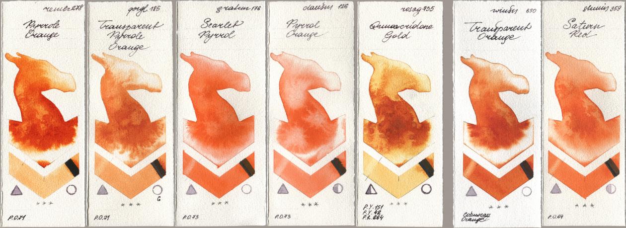 Royal Talens Rembrandt Watercolour 278 Pyrrole Orange, Golden QOR 185 Transparent Pyrrole Orange, M. Graham & Co. Artists 176 Scarlet Pyrrol, Daniel Smith 126 Pyrrol Orange, Rosa Gallery 735 Quinacridone Gold, Winsor & Newton Professional 650 Transparent Orange, Shminke Horadam Aquarell 359 Saturn R watercolor swatch
