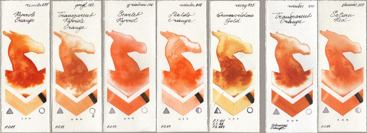 Royal Talens Rembrandt Watercolour 278 Pyrrole Orange, Golden QOR 185 Transparent Pyrrole Orange, M. Graham & Co. Artists 176 Scarlet Pyrrol, Winsor & Newton Professional 418 Fields Orange, Rosa Gallery 735 Quinacridone Gold, 650 Transparent Orange, Shminke Horadam Aquarell 359 Saturn R watercolor swatch